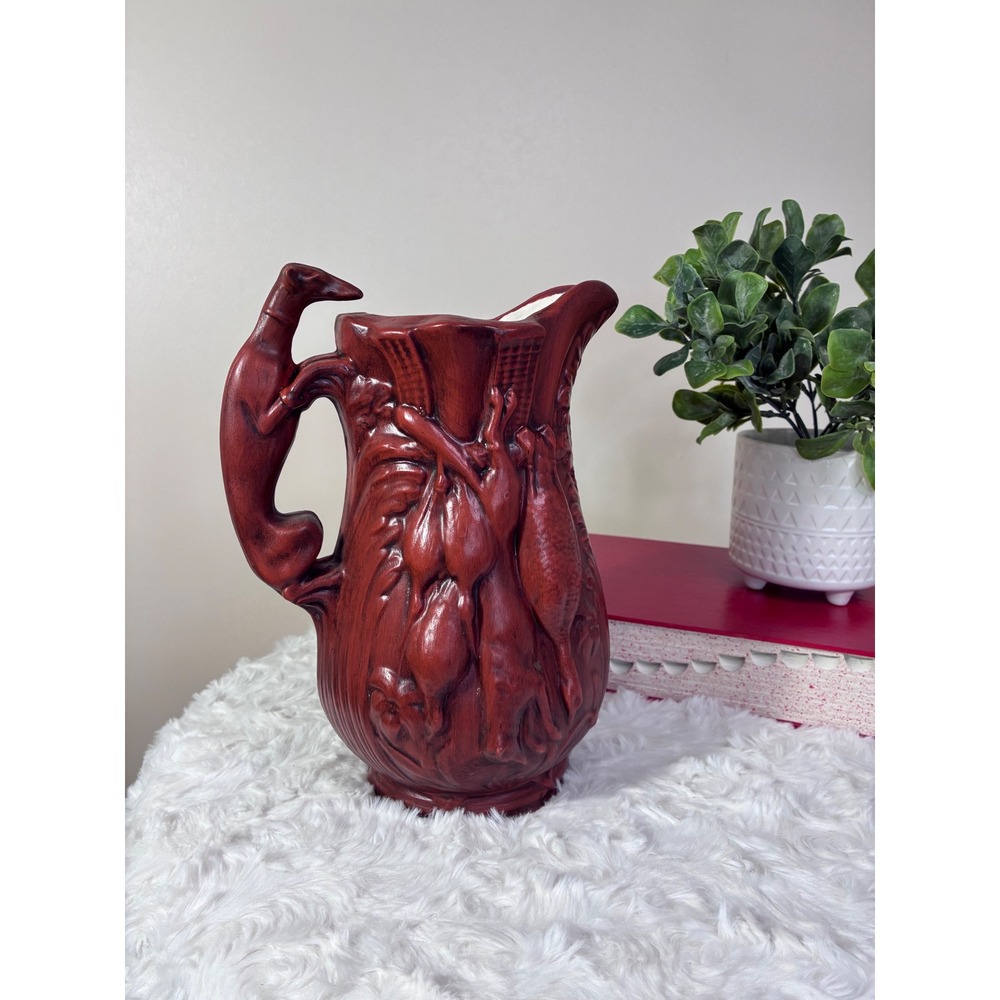 Vintage Hunting Dog Pitcher Oxblood Red Ceramic Game Bird Rabbit Greyhound Jug